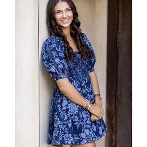 Free People Delilah Mini Dress XS Blue Floral Puff Sleeve Smocked Backless New